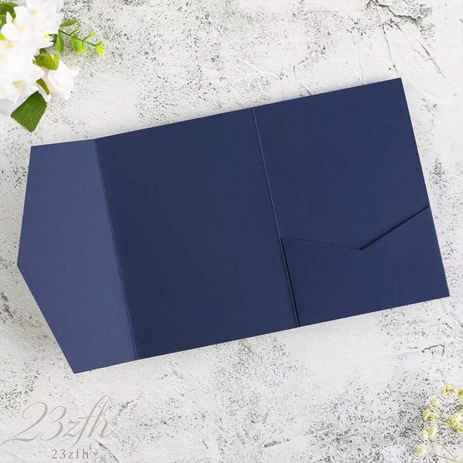 Wedding supplies, invitation cards 25入三折口袋式婚禮邀請函封面，訂婚、XV生日、洗禮簡單邀請函信封，DIY邀請函，5*7英吋口袋式客製化邀請函 - 藏藍色 - 查看 1