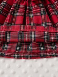 Baby Girl Autumn/Winter Christmas Holiday Fashion Sweet Preppy Red Knit Ribbed Crew Neck Long Sleeve Ruffle Big Bow 2 In 1 Plaid Dress And Headband, Suitable For Christmas Holiday Outfits - Red - View 6