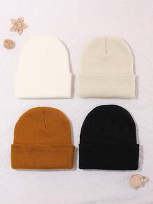 4pcs Multicolor Children's Folded Knit Hats, Soft Elastic Warm Winter Hats, Suitable For Boys And Girls, For Cold Weather Skiing Cycling Outdoor Wear - Knitted Hat - View 10