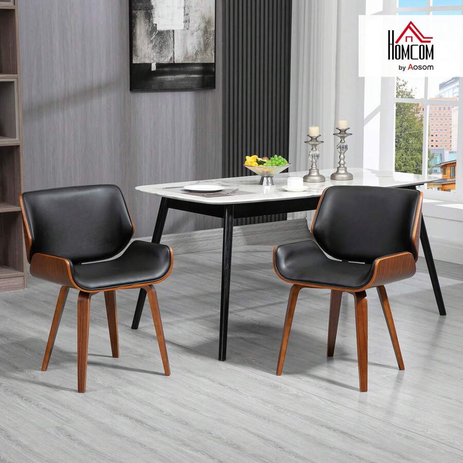 HOMCOM Dining Chairs Set Of 2 Kitchen Chairs With Backrest Vintage Black | Upholstered Chair For Dining Room And Dining Table, Chairs With Wooden Legs, Faux Leather - Black - View 1