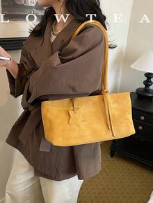 low tea 1pc Minimalist Fashion Square Suede Fabric Shoulder Bag, Suitable For Commuting, Shopping, Etc. - Yellow - View 7