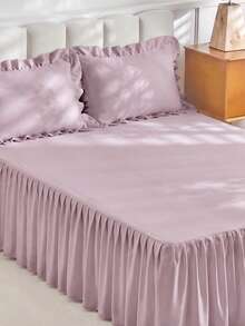 1pc Gray Rose Bed Skirt Bed Cover Bed Sheet, Cozy Bedroom Decor Home Textile, Ruffle Edge With Elastic Corner Straps, Soft Breathable Comfortable, Suitable For Twin/Full/Queen/King Bed, All Season Use, Machine Washable, Mattress Protector - Red Bean Paste Color - View 9