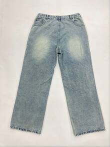 Men's Loose Wide Leg Straight Jeans With Front Pockets And Double Patch Pockets, Vintage Light Blue Washed Denim Long Pants - Light Wash - View 5