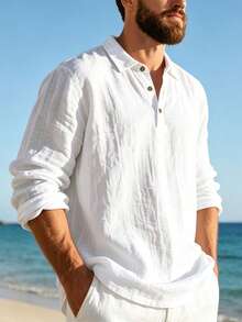 Men's Vacation Style Loose Linen Long Sleeve Polo Shirt, Casual Henley Collar Shirt For Daily Commute, Summer Beach Outfit Top - White - View 1