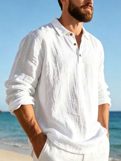 Men's Vacation Style Loose Linen Long Sleeve Polo Shirt, Casual Henley Collar Shirt For Daily Commute, Summer Beach Outfit Top
