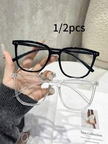 1 Pair/2 Pairs Women's Large Frame Square Rivet Casual Minimalist Flat Top Glasses, Suitable For Daily, Dating, Library, Writing And Other Occasions (Glasses Case Not Included) - Transparent - View 7