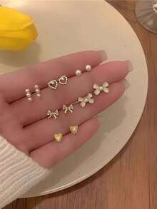 6對甜美耳釘耳環套組，精緻愛心蝴蝶珍珠耳環，極簡可愛女孩日常佩戴飾品 - 彩色 - 查看 2