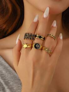 European & American Style 6pcs/Set Drip Oil Cross Rings Set, Fashion Hip-Hop Style Finger Rings Jewelry - Ring Set - View 2