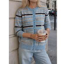 New Autumn/Winter Women's Casual Minimalist Soft Striped Frayed Edge Knit Cardigan Jacket - Baby Blue - View 2