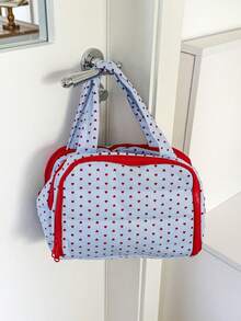1pc Blue Background Red Heart Portable Makeup Bag, Handbag For Travel, Lightweight, Durable, Stylish, For Home, For Outdoor, Daily Use, Summer - Multicolor - View 7
