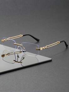 Fashion Rimless Square Glasses, Gold Metal Detail Clear Lens, Daily Outfit Decorative Eyewear - Clear - View 2