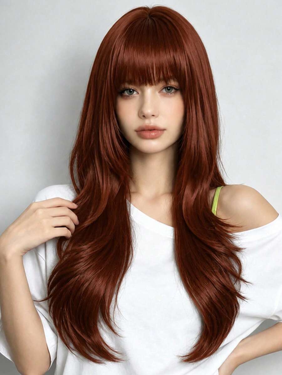 28英吋長款時尚派對女用假髮,捲髮附瀏海,適合所有女性日常配戴與舞會派對 - 棕色 - 查看 1