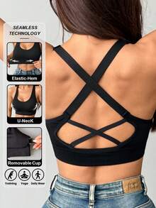 LianShengFa 1pc Backless Crisscross Strap High Elastic Wirefree Everyday Bra, Medium Impact Sports Seamless Racerback Yoga Bra, Breathable & Comfortable - Black - View 9