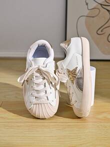 Kids Star Pattern Lace-Up Casual Sneakers, Soft Sole Lightweight Retro Sports Shoes For Boys And Girls - Beige - View 5