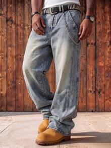 Men's Vintage Washed Wide Leg Jeans With 3D Split Seams, Red Star Swirl Embroidery On Back Pockets, Loose Straight Leg Casual Versatile Long Pants - Blue - View 1
