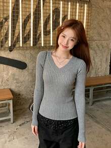 Grey Long Sleeve Knit Sweater Base Layer Top For Women, Slimming Korean Style Early Autumn New Arrival - Grey - View 5
