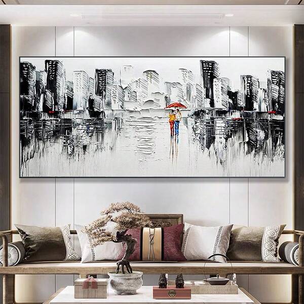 1pc 2D Flat, Large Abstract City Textured Oil Painting On Canvas, Romantic Couple Modern Urban Landscape Wall Art Black Painting Living Room Home Decor, Suitable For Bedrooms, Living Rooms, And Study Rooms Wall Arts Posters,NO Frame