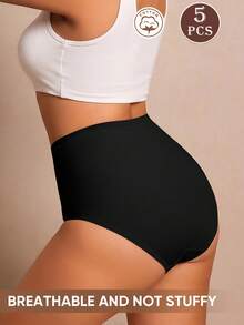 MEIYATING 5pcs Plus Size Women's High Waist Tummy Control Cotton Comfortable Daily Triangle Panties With English Print - Black - View 3