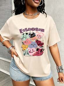 American Style Loose Fit Short Sleeve Top, Hand-Painted Graffiti Cute Cartoon Animal Print Summer Casual T-Shirt - Apricot - View 4