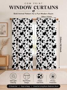 NOSBEI 1 Set Of 2 Pieces, White And Brown Cow Print Rustic Farmhouse Curtains, Faux Leather Texture, Semi-Sheer Privacy Protection, Bedroom/Living Room Decor - Black and White - View 1