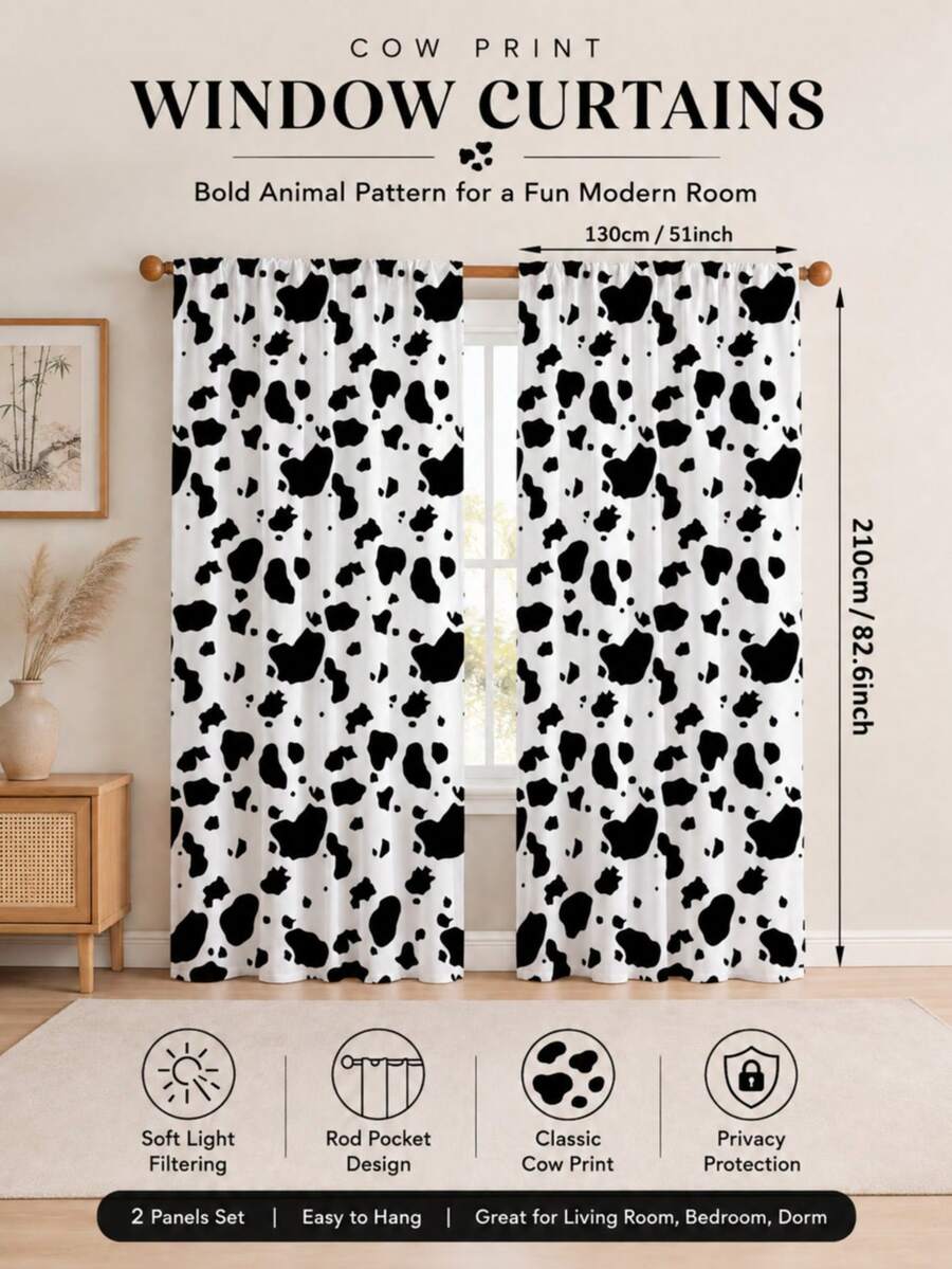NOSBEI 1 Set Of 2 Pieces, White And Brown Cow Print Rustic Farmhouse Curtains, Faux Leather Texture, Semi-Sheer Privacy Protection, Bedroom/Living Room Decor - Black and White - View 1