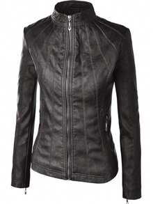 Casual Pleather Zip Up Jacket - black/black - View 2