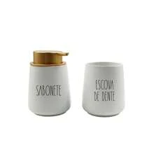 Kit para Banheiro Dispenser e Porta Escova de Dente em cerâmica com Escrita Minimalista - Visão 6