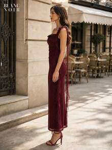 Burgundy| Women's Elegant Burgundy Sequin Mesh Ruffle Trim Bodycon Maxi Dress - 酒紅色 - 查看 3