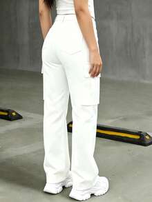 Teen Girls' White Elegant Multi-Pocket Design Stretch Comfortable Cargo Jeans - White - View 3