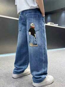 Teen Boy Spring Fashion Loose Fit Character Print Denim Jeans With Pockets - Blue - View 4