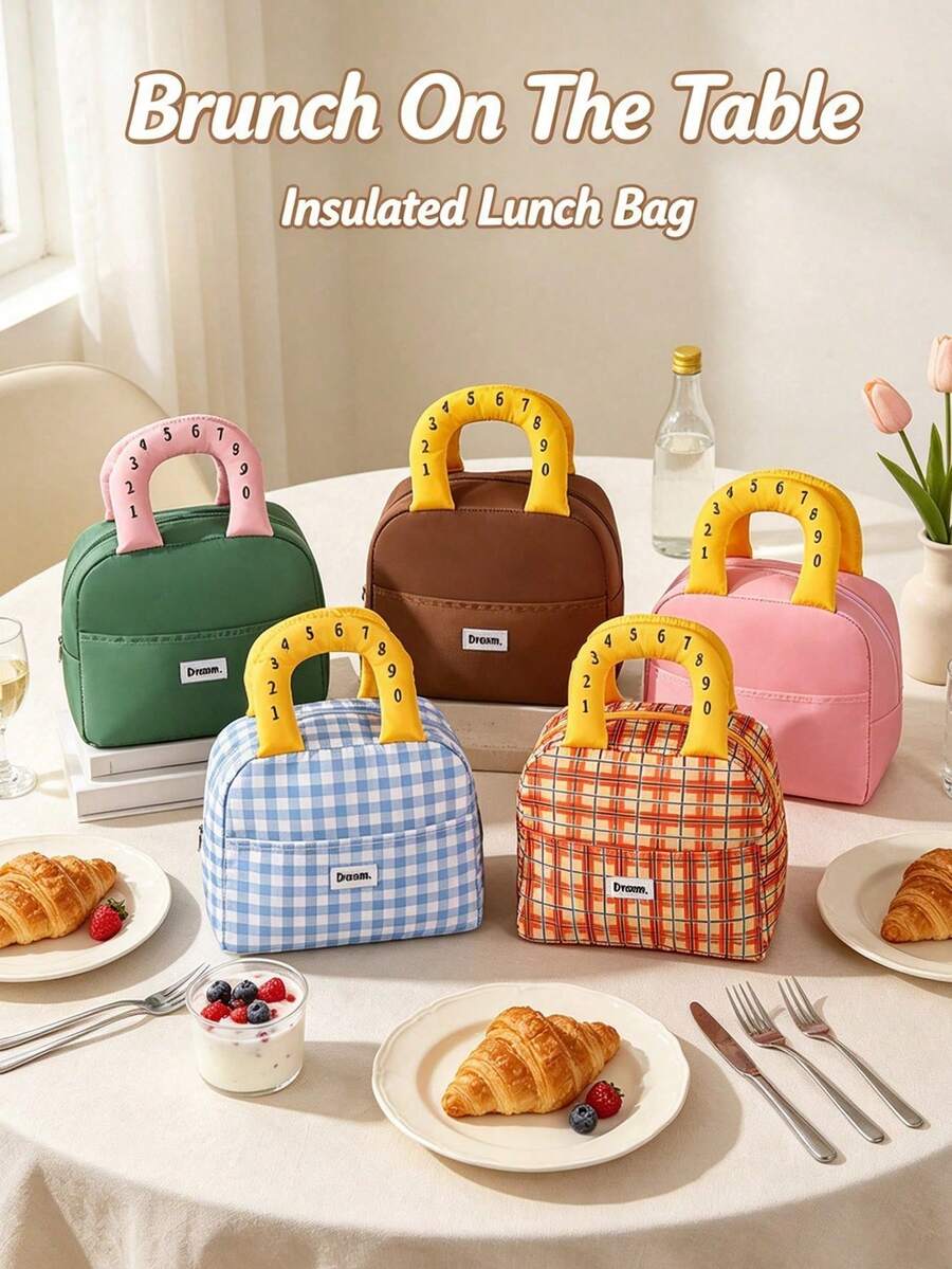 Cute Preppy Style Polyester Square Insulated Lunch Bag, Digital Number Padded Handle, Front Patch Pocket, Zipper Closure Thermal Cooler Pouch, Portable Food Storage Handbag, For Back‑To‑School Office Picnic Daily Outdoor Use
