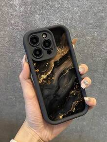 Matte Black Contrast Frame Phone Case, Black Background Fluid Gold Marble Ink Texture Printed Shockproof Soft TPU Protective Cover With Raised Camera Lens Frame, Compatible With Apple 11, 12, 13, 14, 15, 16, 17 Pro Max, Luxury Minimalist Neutral Style Phone Case Designed For Men And Women - Black - View 2