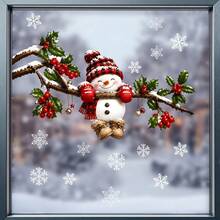 2D Flat Style, 1pc 2D Peeking Plaid Snowman Static Cling Window Sticker, Glue-Free Double-Sided Snowy Winter Holly Berry Branch Snowflake Decal, Reusable PVC Winter Christmas Glass Sticker, Suitable For Home, Cafe, Store Holiday Window Decoration - A - View 1