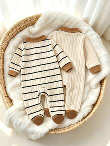 Bhchntiy 2pcs Baby Boys Autumn/Winter New Cute Bear Patch Striped Print Polo Collar Casual Fashion Footed Rompers - Apricot - View 3