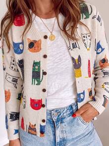 Women's Animal Print Knit Cardigan, Decorated With Cute Cat Print And Button Details, Autumn Outfit, Casual Style Outfit, Office Outfit. Fall - Apricot - View 1