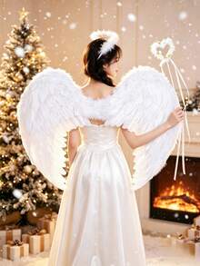 3pcs Christmas Angel Feather Wings Headband And Fairy Wand Set, Winter Gift Party Photography Atmosphere Cosplay Costume Props, Halloween Women's Cosplay Performance Props - White - View 5