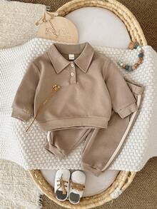 2Pcs/Set Korean Style Minimalist Baby Polo Collar Long Sleeve Sweatshirt & Side Stripe Jogger Pants Set, Unisex - Khaki - View 15