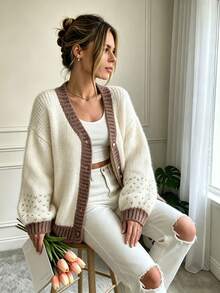 Women's French Minimalist Contrast V-Neck Long Sleeve Knit Cardigan – Fall/Winter Home Casual Fashion Versatile Loose Drop Shoulder Sweater Coat - White - View 3