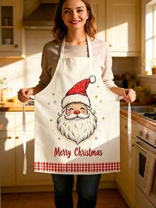 1pc Christmas Print Kitchen Apron, Santa Claus & Nutcracker Pattern Sleeveless Cooking Apron, Red Plaid Hem Waterproof Oil-Proof, Christmas Home Kitchen Decor Gift - Multicolor - View 7