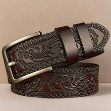Cinturón de estilo vintage para hombre con artesanía en relieve y hebilla de aleación, práctico y con relieve - Marrón - Ver 1