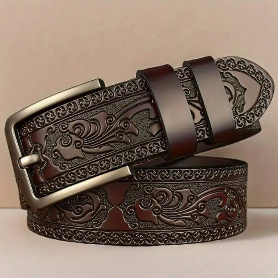 Cinturón de estilo vintage para hombre con artesanía en relieve y hebilla de aleación, práctico y con relieve - Marrón - Ver 1