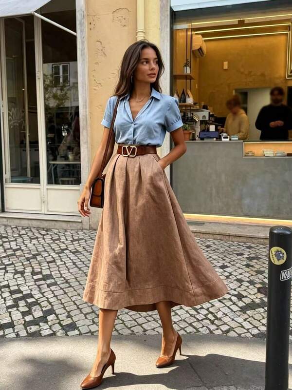 Women's Fashion Plus Size Woven Fabric Midi Skirt, Suitable For Autumn Wear, Casual Flowy A-Line Skirt With Pockets, Non-Stretch