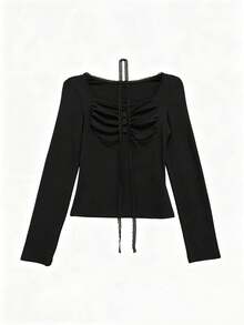 Korean Style Minimalist Sexy Slimming Versatile Lace Long Sleeve T-Shirt Base Layer Top For Women - Black - View 7