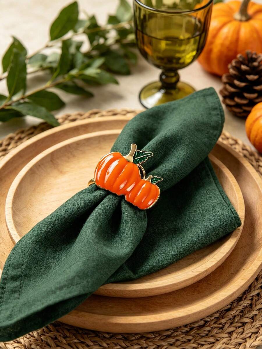 6/12 Stücke Thanksgiving Kürbis Serviettenringe, geeignet für Hochzeitsfeier, Feiertagsfeier, Picknick Camping, Landtreffen, Geburtstagsbankett Tischdekoration Serviettenhalter, einfacher Stil - Verschiedenfarbig - Übersicht 1