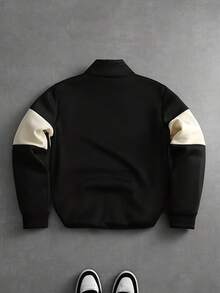 Men's Autumn/Winter Fashion Classic English Element Print Patchwork Zip-Up Sweatshirt, Essential Outfit For Going Out - Black - View 4