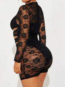 Women's Black Contrast Lace Cut Out Short Jumpsuit With Long Sleeves And Round Neckline Semi-Sheer Bodycon Fit - Black - View 9