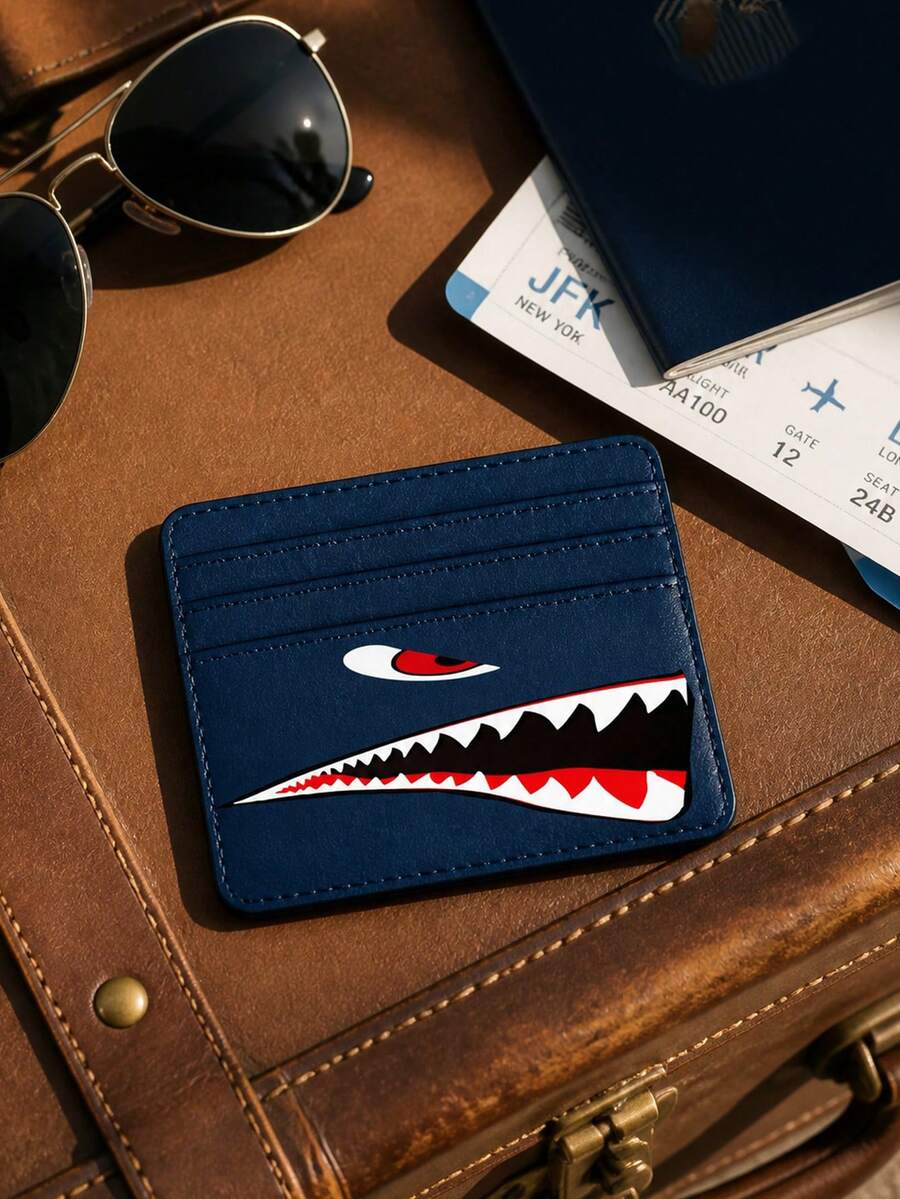 Shark Print Card Holder For Men, Blocking Slim Leather Card Wallet, Multi Card Slots Portable Minimalist Purse, Multi-Slot Storage Bag, Essential For Back To School And Travel, Unique Teacher's Day, Back To School, Halloween, Christmas Gift - Multicolor - View 1
