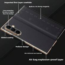 高級 PU 皮革磁吸自動吸附翻蓋手機殼,適用於 Galaxy Z Fold 8 Ultra、Fold 8、Fold 7、Fold 6、Fold 5,鍍金邊框全鏡頭保護防刮耐震保護殼 - 黑色 - 查看 2