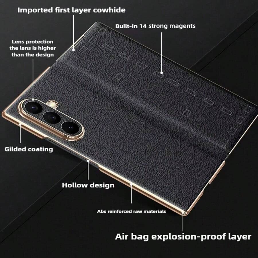 高級 PU 皮革磁吸自動吸附翻蓋手機殼，適用於 Galaxy Z Fold 8 Ultra、Fold 8、Fold 7、Fold 6、Fold 5，鍍金邊框全鏡頭保護防刮耐震保護殼