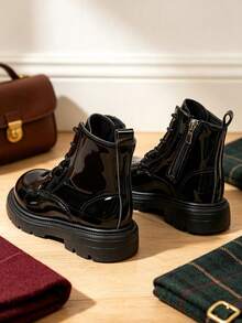 1 Pair Shiny Side Zipper Kids Boots, Soft PU Round Toe Elastic Thick Sole Design, Fashion Minimalist Short Leather Boots, Suitable For Daily School, Holidays, Parties, Autumn/Winter New Style - Black - View 5